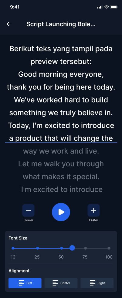Teleprompter script preview screen on iPhone